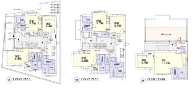 総戸数7戸の鉄骨アパート参考プラン　延床：216.33？　建物参考価格：11、600万円（旭化成ホームズ施工）