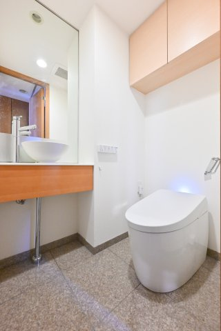 専用の手洗いカウンターを備えた清潔感のあるトイレです！上部吊戸棚付きで備品もすっきり隠せます♪