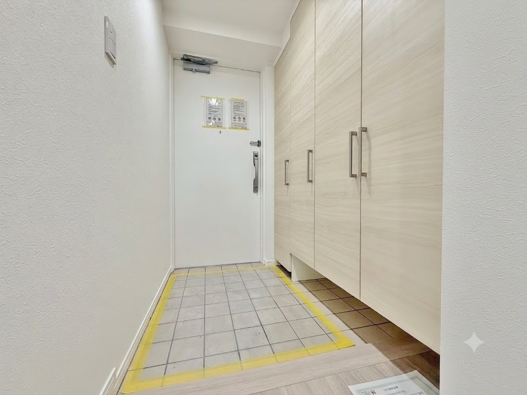 【玄関】　人を迎え入れる最初の場所だからこそ、清潔感があり纏まった空間にして頂ける様にゆとりあるシューズボックスを設置しました。おでかけの時も帰った時も、「我が家」を最初に感じでもらえる素敵な空間に。