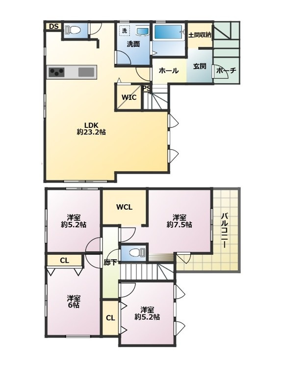 閑静な住宅街・南東南西角地で陽当り良好！広々23.2帖のリビング空間！キッチン・洗面・浴室がまとまった水回り動線で、家事の移動もスムーズです！WIC×2か所・土間収納のある収納豊富な間取りです！
