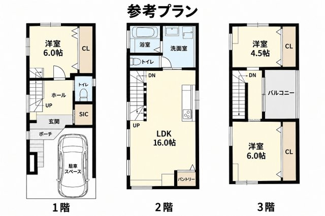 参考プラン図　敷地が約59平米につき3階建てのプラン推奨となっております。