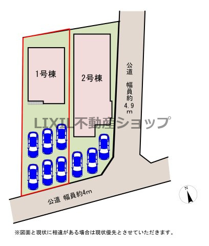 【区画図】1号棟　区画図です。　駐車場は6台駐車可能です！来客も安心です！