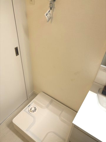 洗面化粧台横に洗濯機置場が設けられており、身支度を整えながら洗濯機が操作できます。