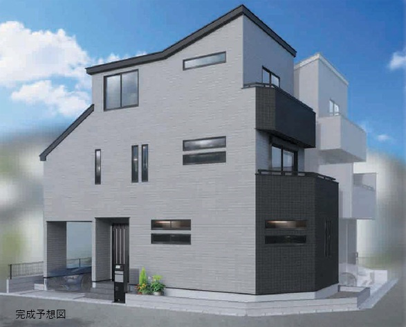 【※完成予想図】洗練された外観と機能的な設計が魅力の3階建て住宅。住まいに求められる快適性とデザイン性をバランス良く備えています。