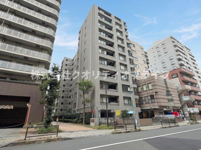 タイル貼りの落ち着いた外観の11階建てマンション。敷地周辺もきれいに維持管理されています。