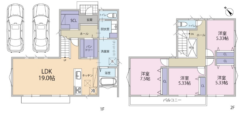 建物参考プラン：建物価格：2、970万円（税込）/建物面積：1階58.79平米・2階54.65平米・合計113.44平米〈約34.31坪）