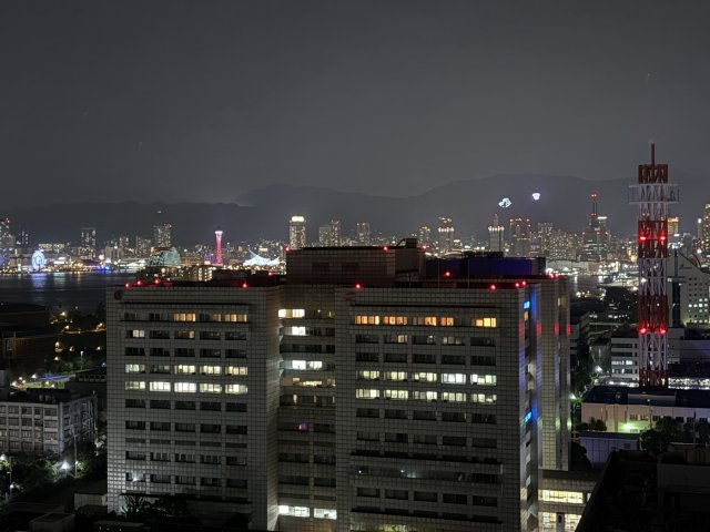 神戸港の夜景が室内から見えます。ポートタワー、六甲山、モザイクの観覧車など神戸らしい眺望です。