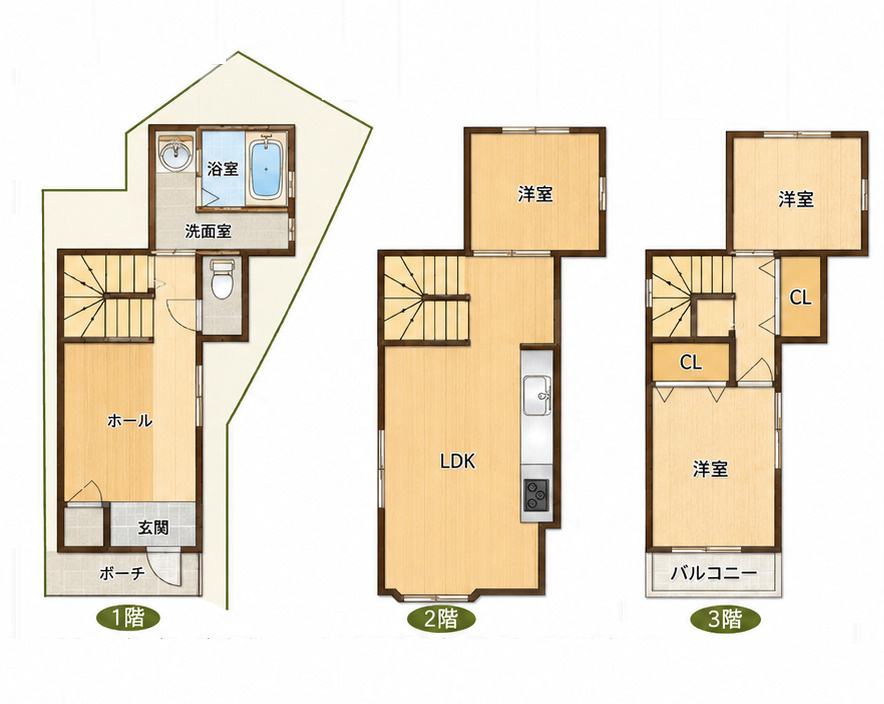 建物は3LDKで、ご家族それぞれのお部屋が確保できます。2階にLDKがあるため、外からの視線が気になりにくく、家族が自然と集まる明るい空間になっています。