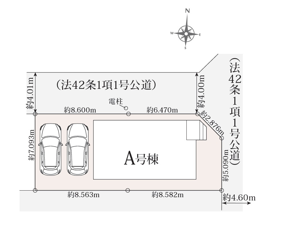 2道路に面した整形地＆角地。カースペース2台分。幼稚園・小中学校、コンビニ、スーパー徒歩10分圏内の充実した住環境。※車種により異なります。