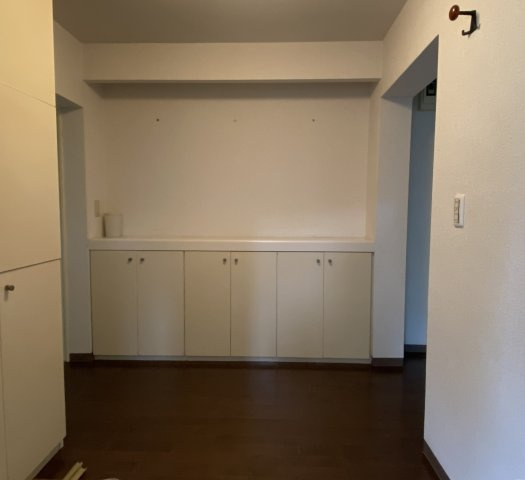 玄関正面がホール生活空間が見えない間取りです。カウンターと大きな下駄箱は収納力あります。