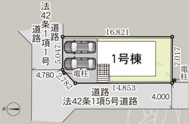 角地　北側約4.7ｍ公道・西側約4ｍ位置指定道路（私道・持分有）　敷地面積35.1坪
