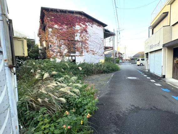 東側の接道。間口は約16.6m、幅員は3.8m。
