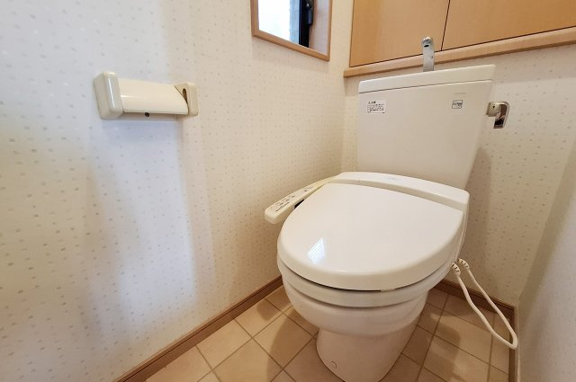 1Fトイレ：トイレットペーパーなどを置きやすい棚付きです。