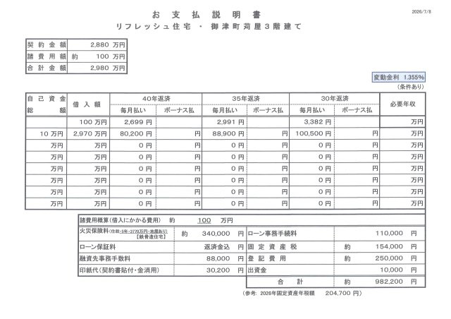 【お支払い説明書（例）】必要な諸費用全て含めて計算しております。ご入居後に余分な出費はございません。