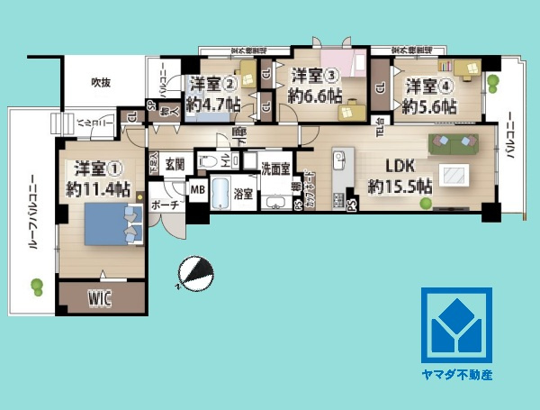 4LDK、専有面積103.33平米、バルコニー面積12.62平米、ルーフバルコニー面積15.4平米、専用ポーチ面積2.48平米、室外機置場面積3.38平米、4階建て最上階。2026年6月リフォーム済。
