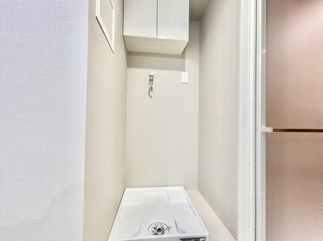 洗濯機置き場の上部には、洗剤ストックやハンガー、洗濯ネットをすっきり目隠し収納できる扉付きの吊戸棚を完備。生活感を隠して洗面室を美しく保てる、毎日の家事を快適にする嬉しい設備です。