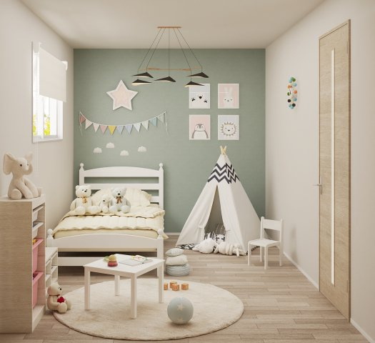 【建物プラン例/洋室】明るいアクセントクロスが、かわいい印象を演出し、子供部屋にびったりのお部屋です♪(建物価格1780万円、建物面積79.26？)