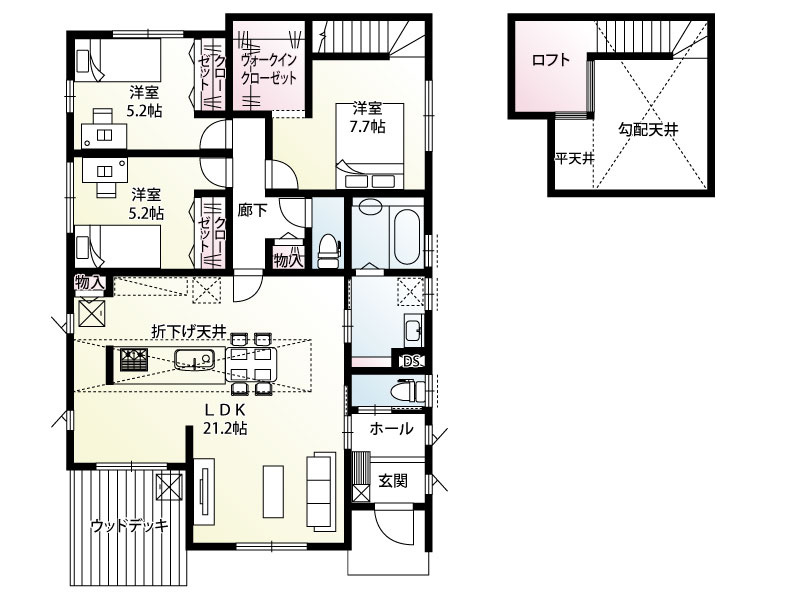 行田市大字野3区画　1号棟　間取り　　21.2帖の広いLDKを中心としたロフト付き平屋戸建♪