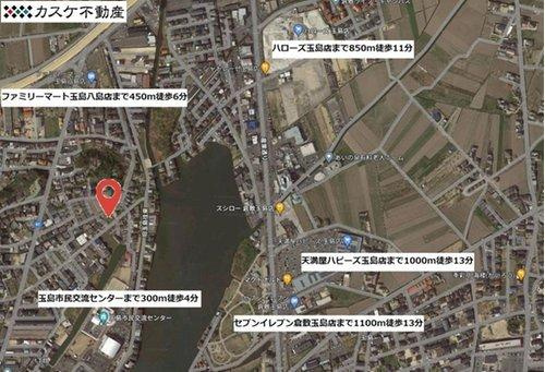 上空から見た現地。小学校・スーパー等の生活施設が徒歩15分圏内に揃っています。国道2号線、429号線に出やすいので様々な方面へのアクセス良好です。