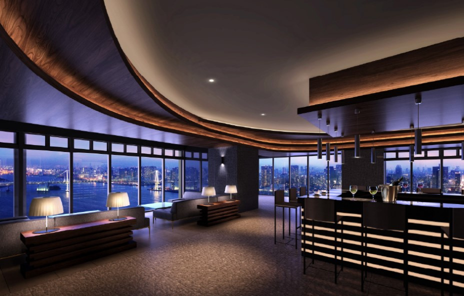【共用施設　SUN　T棟SKY　LOUNGE　URBAN】完成予想CG図　バーを設けた48階のビューラウンジ