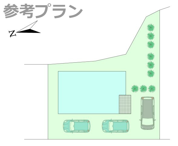 こちらは建物プラン例：参考イメージ図です。　区画内の建物・駐車場・庭の配置の一例です。