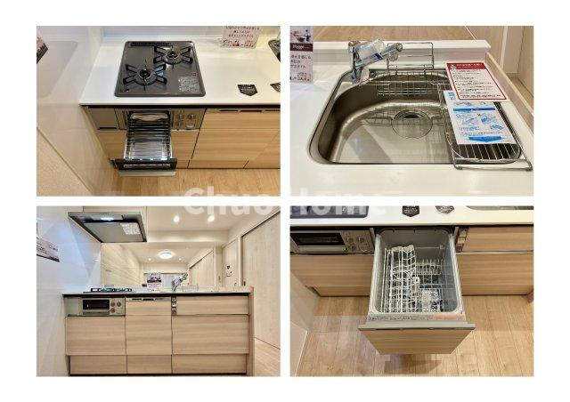 【システムキッチン】ワイドで収納豊富な使い勝手の良いカウンターキッチンには、食洗器・伸縮タイプのキッチン水栓、魚焼きグリルなどの便利な設備が標準完備されています。