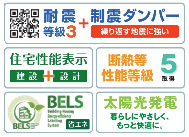 耐震等級3、制震ダンパー、住宅性能表示、断熱等級5、太陽光発電