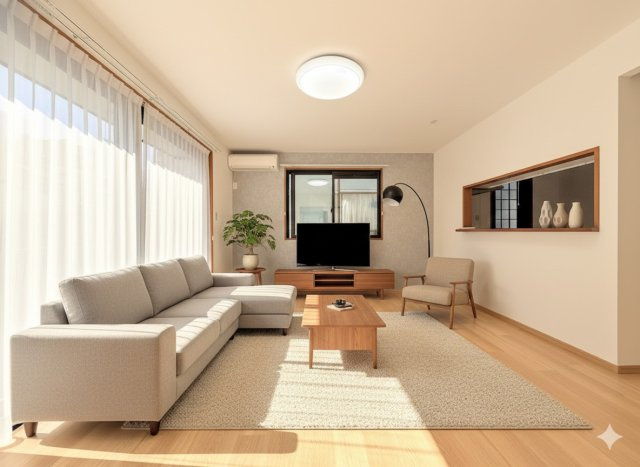 ◆家族で食卓を囲むダイニングスペースと、ソファでゆったりくつろぐリビングスペースがしっかり区切られているので家具の配置や用途を使いわけしやすいです。(家具はイメージです)