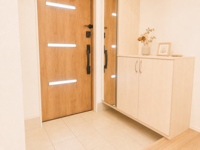 木目調の玄関ドアが住まい全体に温かみを与えるおしゃれな玄関スペースです。姿見付きのシューズボックスを備えており、お出かけ前の身だしなみ確認にも便利。収納力もあり、靴をすっきり整理できます。
