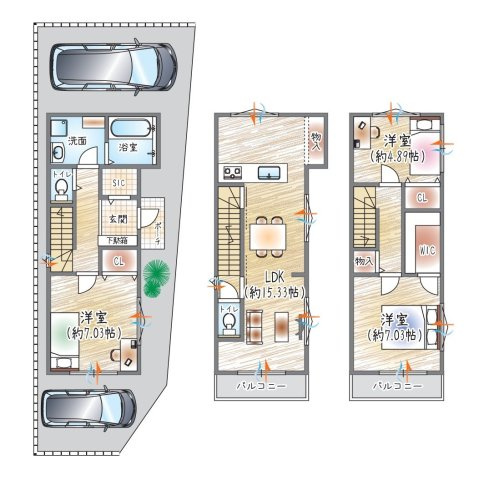 【10号地／参考プラン】(ベストプラン建物価格：2480万円～)　　■建物面積：91.26？　■3階建て×3LDK　　SIC×WIC×各居室収納付き。豊富な収納と各居室のゆとりが魅力！駐車2台可能