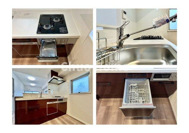 【システムキッチン】ワイドで収納豊富な使い勝手の良いカウンターキッチンには、食洗器や伸縮タイプのキッチン水栓、魚焼きグリルなどの便利な設備が標準完備されています。