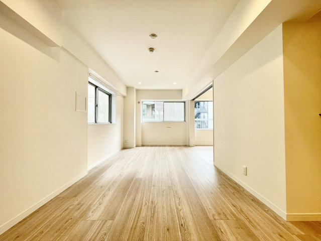 14.2帖のリビング。写真奥部が南側になります。南側には隣地低層建物と道路があり南側の空間がございます。市ヶ谷駅徒歩4分の環境ながら陽当たりが大変良い環境です。（靖国通りは北側となります）