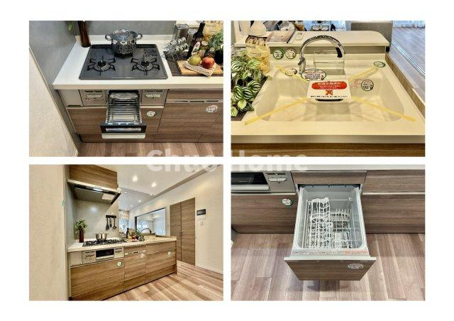 【システムキッチン】ワイドで収納豊富な使い勝手の良いカウンターキッチンには、食洗器・伸縮タイプのキッチン水栓、三ツ口コンロ・魚焼きグリルなどの便利な設備が標準完備されています。