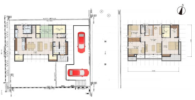 ■建物プラン例（間取図）　建物面積：146.57m2（44.33坪）、建物価格：6380万円　※別途、外構工事費・付帯工事費・諸費用等が必要となります　※当該プランの採用および変更は自由に可能です