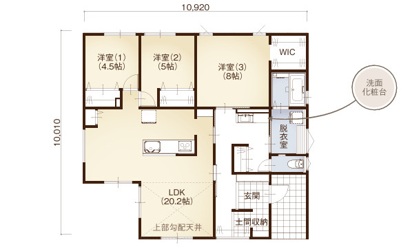 こちらは建物プラン例：参考イメージ図です。　3LDK　建物面積/101.85？（30.81坪）　延床面積/96.05？（29.06坪）　建築条件なし、お好きなプランで建てられます。
