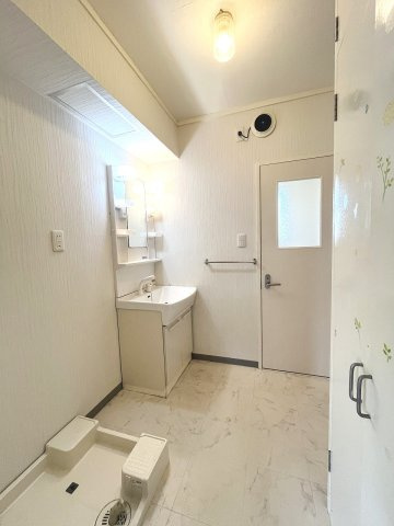 扉付きの洗面所には洗濯機置き場とシャワー付き洗面台
