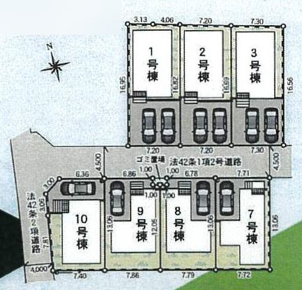 7号棟　北側約4.5ｍ公道　駐車1台（車種によります）　敷地面積30.5坪　※ゴミ置場持分有
