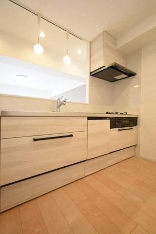 最新のシステムキッチン！家具と調和する扉面材と、使い勝手のよい収納豊富なスライド収納です♪家事が楽になる食洗器付き！浄水器付き水栓も付いています！