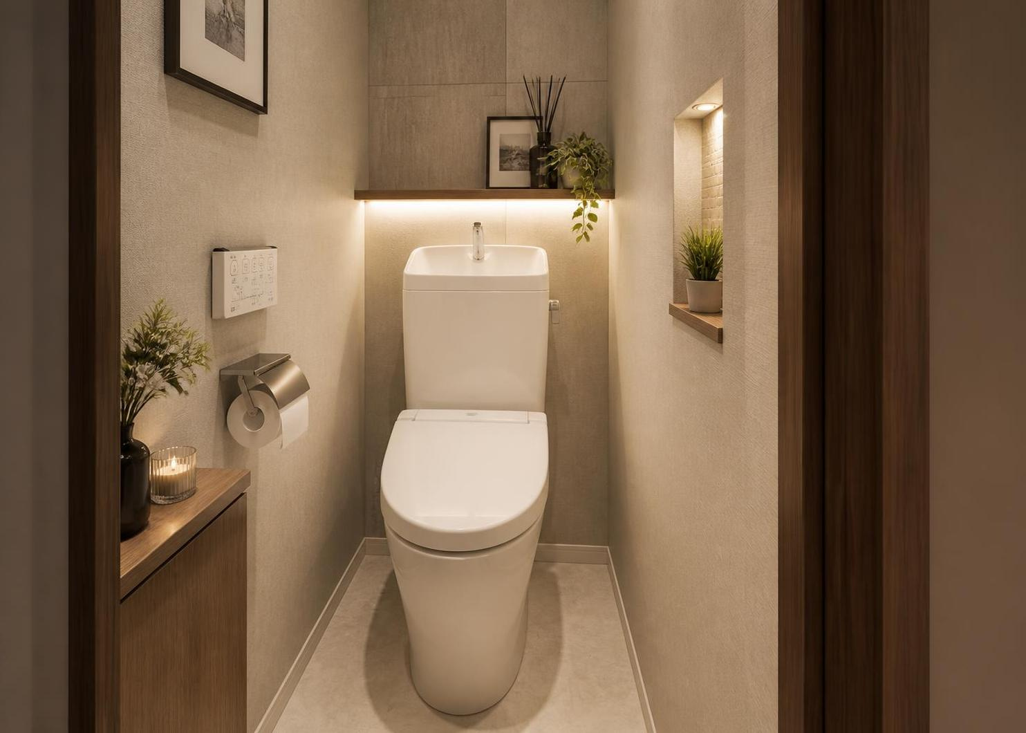 2026年8月に新規交換された温水洗浄便座付きのトイレです。ペーパー類や掃除用品の収納に便利な棚も整えられており、いつでも清潔で快適な空間を維持できます。毎日心地よくお使いいただける仕様です。