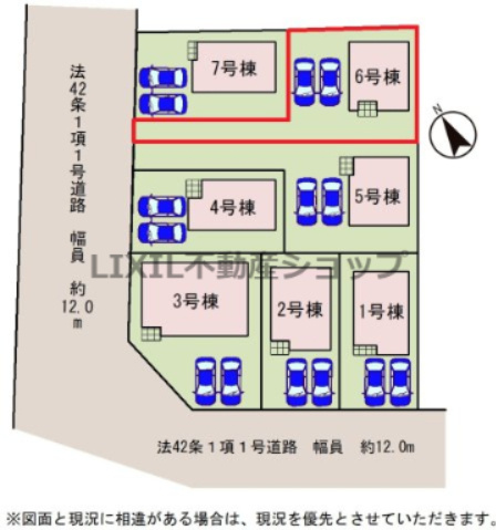 【区画図】区画図です。前面道路は約12ｍと広々しております。2台分の駐車スペース付きです。