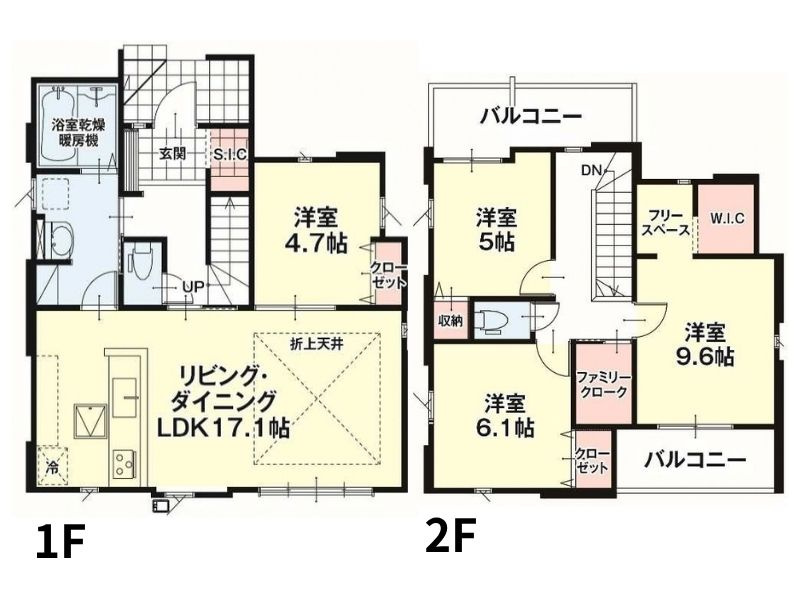 17.1帖のゆとりあるLDKを中心とした4LDKの住まい。1階には4.7帖の洋室を配置し、客間や居室など多目的に活用できます。さらに収納スペースも豊富に確保し、住空間をすっきり！