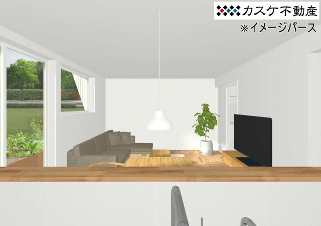 ◆参考プラン室内パース◆　リビングを見渡しながら料理できるカウンター対面キッチン