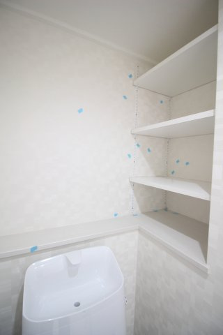 トイレットペーパーや小物を置くのに便利なトイレの棚。便座すぐ後ろの部分にも物が置けます