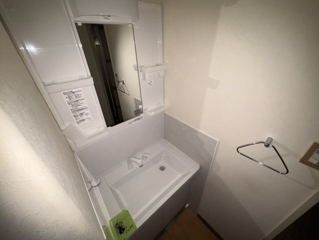 すっきりとしたデザインの独立洗面台。ミラーキャビネットには収納スペースがたっぷり設けられ、日用品や化粧品も収納できます。朝の支度や帰宅後の手洗いなど、家族みんなが使いやすい設計になっています。