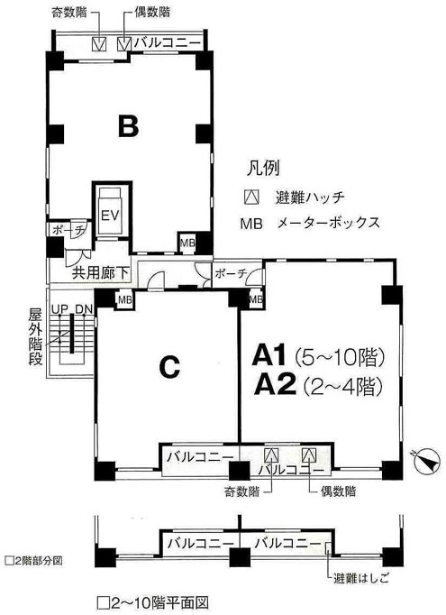 2階から10階の各階平面図面となります。各階3戸の世帯があります。