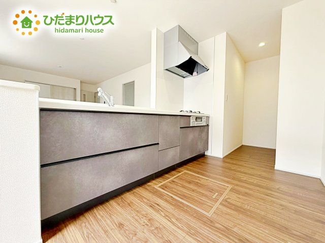 家族でのコミュニケーションがとれる対面型システムキッチン。横一列にシンクとコンロをまとめたシンプルな形です。動きやすさとスタイリッシュなデザインが魅力。