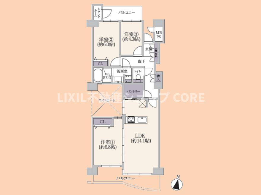 採光・通風に優れたライトコートと2面バルコニーを備えた3LDK。キッチン横のパントリーやトランクルームなど収納も充実。約14.1帖のLDKは対面式で、家族の会話が弾む明るく快適な空間です。