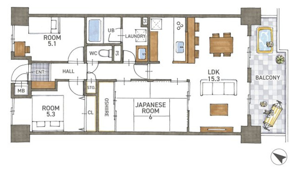 【エメラルドマンション草津青地Ⅰ　天然木フルリノベーションの間取り】