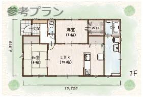 こちらは建物プラン例：参考イメージ図です。　2LDK　建築面積/69.56？（21.04坪）　延床面積/67.90？（20.54坪）　建築条件なし、お好きなプランで建てられます。