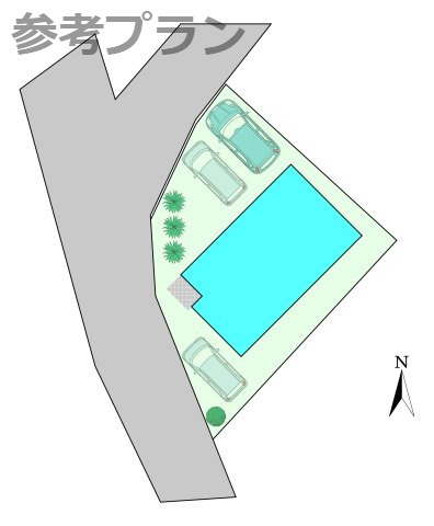こちらは建物プラン例：参考イメージ図です。　区画内の建物・駐車場・庭の配置の一例です。